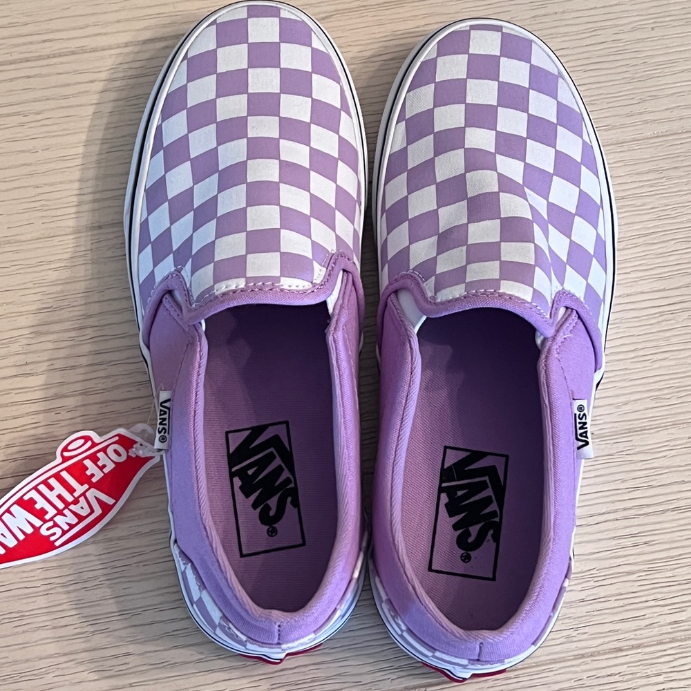 Women’s Vans Purple and White Checkerboard Slip on Shoes NWOT Size 7.5